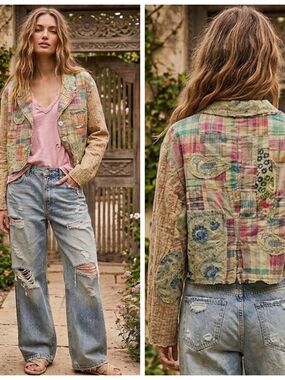 Patchwork Quilted Jean Jacket in Multicolor Plaid